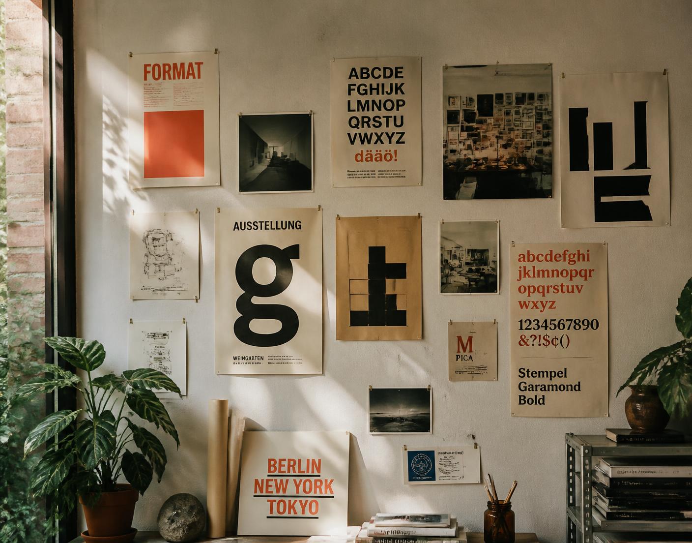 Printed posters and type specimens pinned to the Watermelon studio wall
